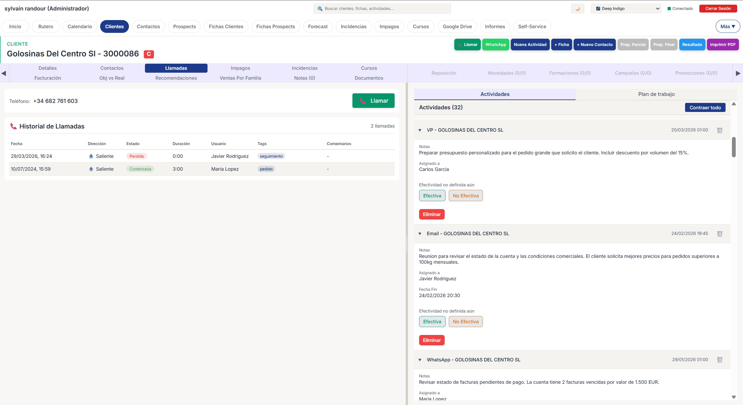 Historial de actividades del cliente en formato acordeon con timeline interactivo y historial de llamadas AirCall. VerynSoft esta integrado con AirCall, todo se guarda automaticamente.